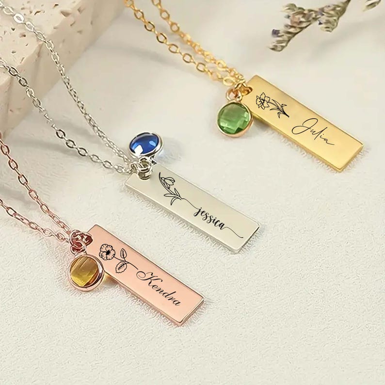 Personalized Bar Birthstone Name Necklace, Birthflower Pendant, Bar Birth flower Necklace, Anniversary Gift, Bridesmaid Necklace