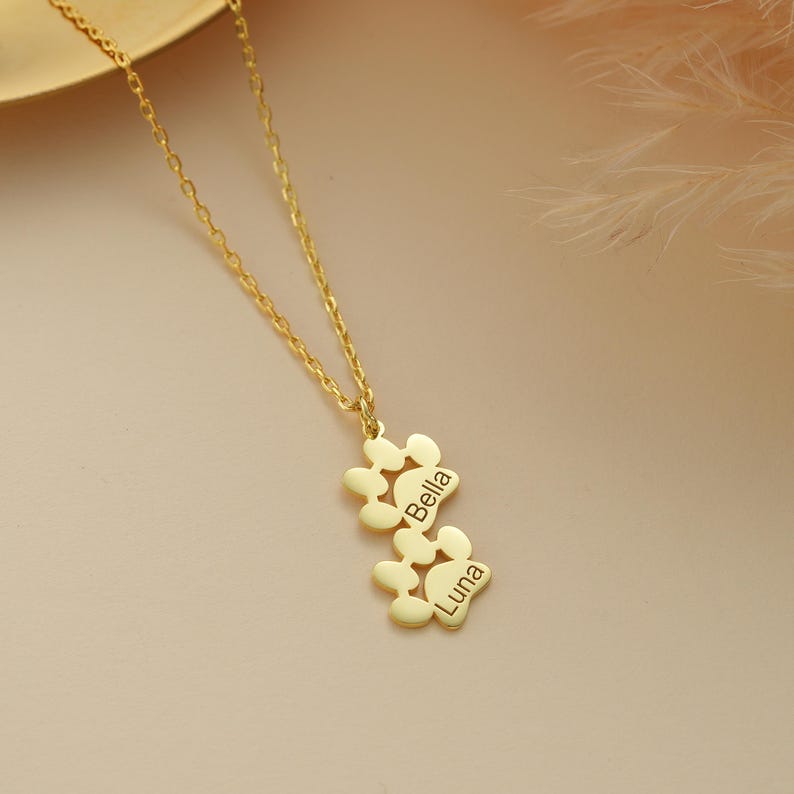 14K Gold Custom Paw Name Necklace , Paw Print Necklace , Custom Gold Necklace , Pet Mom Gifts , Pet Name Necklace , Kids Name Necklace,Gift