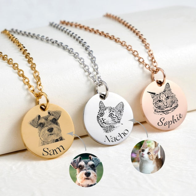 Personalized Pet Portrait Necklace, Custom Laser Engraved Cat Necklace with Photo or Name, Memorial Jewelry Customized Gifts for Dog Mum