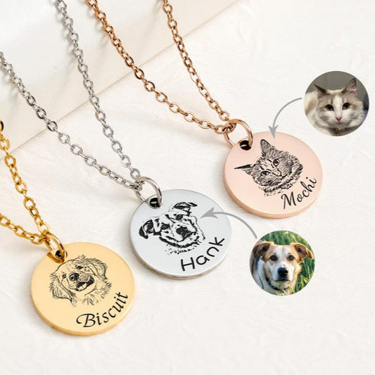 Personalized Pet Portrait Necklace, Custom Laser Engraved Cat Necklace with Photo or Name, Memorial Jewelry Customized Gifts for Dog Mum