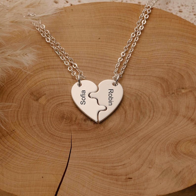 Split Hearts Set Necklace, Heart Name Necklace,Puzzle Pieces Necklace,Heart Matching Necklace,Best Friend Gift,Valentine's Day for Her