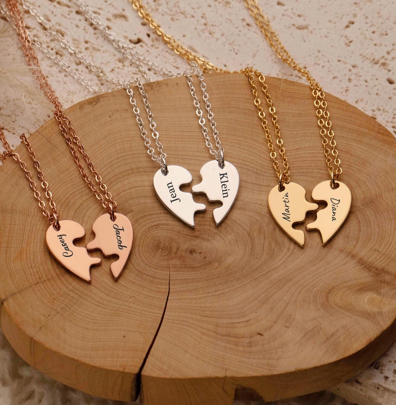 Split Hearts Set Necklace, Heart Name Necklace,Puzzle Pieces Necklace,Heart Matching Necklace,Best Friend Gift,Valentine's Day for Her