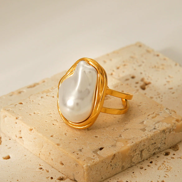 Imitation Baroque Pearl Ring Titanium Steel Electroplating Geometric Open Ring For Women