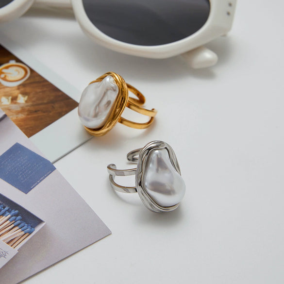 Imitation Baroque Pearl Ring Titanium Steel Non Fading Women's Jewelry With Geometric Design And Electroplating