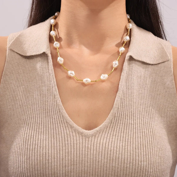 Imitation Pearl Allmatch Clavicle 316L Stainless Steel Necklace French Retro Beaded Stitching Electroplated With True Gold Geometric Style