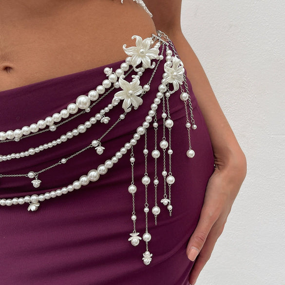 Imitation Pearl And Copper Clad Iron Beaded Tassel Waist Chain For Female Casual Style