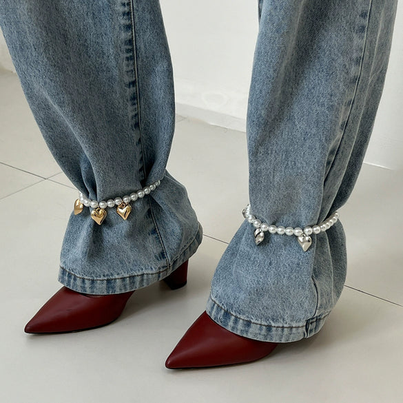 Imitation Pearl Beaded Anklet With Metal Heart Pendant And Tassel For Women Casual Style
