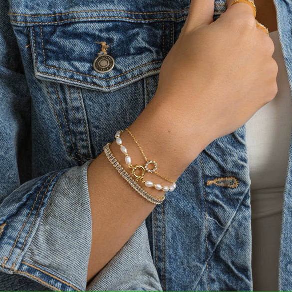 Imitation Pearl Beaded Ot Buckle Double Layer Bracelet Stainless Steel Geometric Fashion Electroplated Jewelry For Women