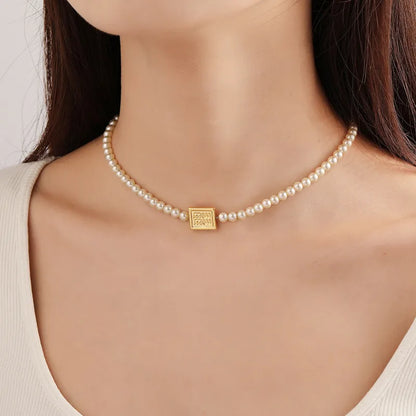 Imitation Pearl Brass Beaded Geometric Necklace