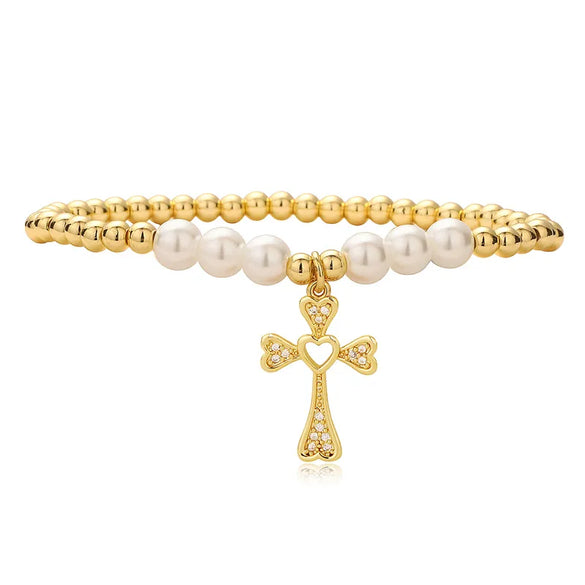 Imitation Pearl Copper Elegant Simple Style Beaded Inlay Cross Zircon Bracelets