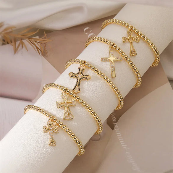 Imitation Pearl Copper Elegant Simple Style Beaded Inlay Cross Zircon Bracelets