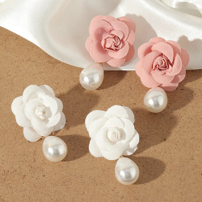 Imitation Pearl Earrings Fashion Cloth Flower Earrings Women