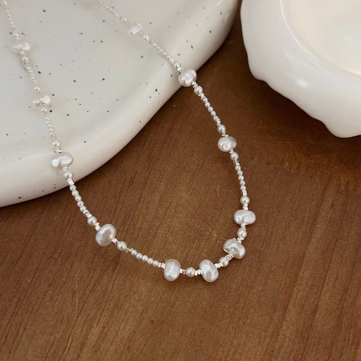 Imitation Pearl Sterling Silver Beaded Plating Geometric Necklace