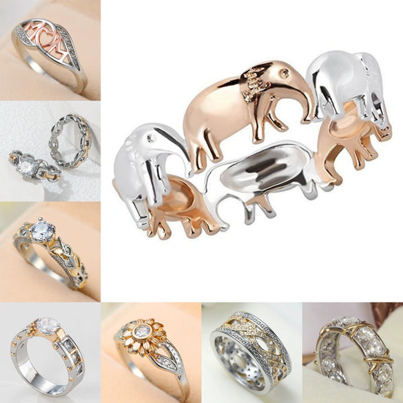 Independent Station Hot White Zircon Ring Plating Double Color Gold Elephant Ladies Simple Jewelry  Wholesale