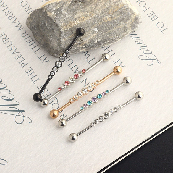 Industrial Barbell Earrings Stainless Steel Wave Style Electroplating Zircon