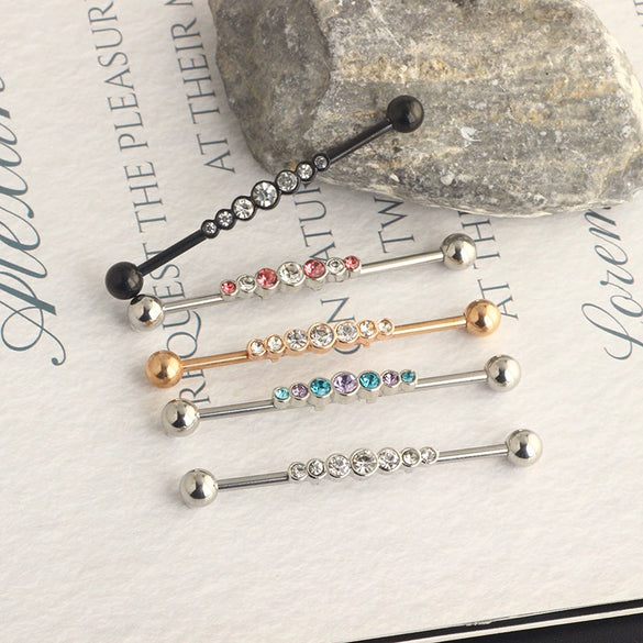 Industrial Barbell Earrings Stainless Steel Wave Style Electroplating Zircon