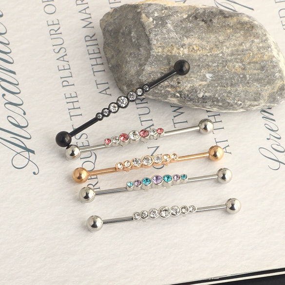 Industrial Barbell Earrings Stainless Steel Wave Style Electroplating Zircon