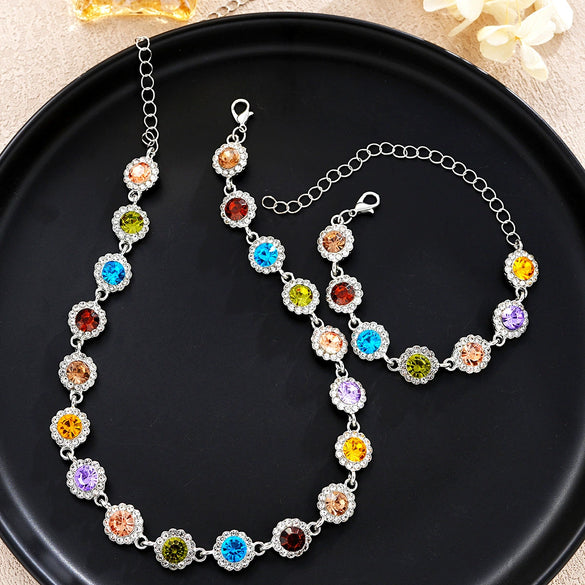 Inlaid Colorful Zircon Bracelet Necklace Jewelry Suit For Women Alloy Electroplated With Love Water Drops Bell Patterns High Sense Geometric Style