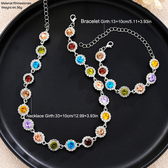 Inlaid Colorful Zircon Bracelet Necklace Jewelry Suit For Women Alloy Electroplated With Love Water Drops Bell Patterns High Sense Geometric Style