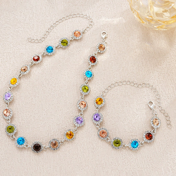 Inlaid Colorful Zircon Bracelet Necklace Jewelry Suit For Women Alloy Electroplated With Love Water Drops Bell Patterns High Sense Geometric Style