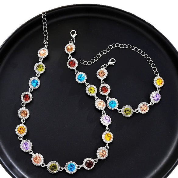 Inlaid Colorful Zircon Bracelet Necklace Jewelry Suit For Women Alloy Electroplated With Love Water Drops Bell Patterns High Sense Geometric Style