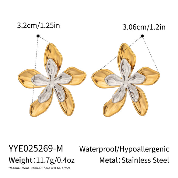 Ins Gold And Silver Color Matching Doublesided Flower Design Earrings In 18K Gold Plated Stainless Steel For Women
