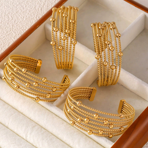 Ins Retro Fashion Multilayer Twist String Steel Ball Titanium Steel Open Bracelet 18K Gold Plated