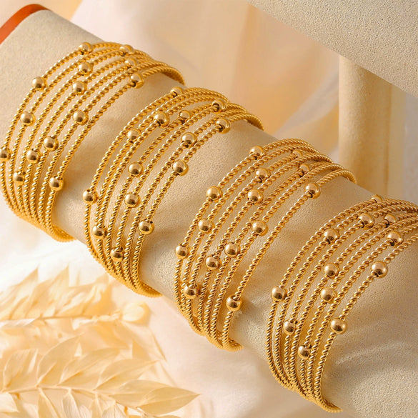 Ins Retro Fashion Multilayer Twist String Steel Ball Titanium Steel Open Bracelet 18K Gold Plated