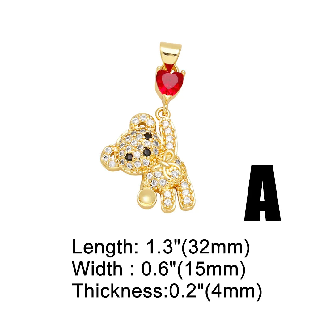 Ins Style Bear Heart Shape Copper Plating Inlay Zircon 18k Gold Plated Pendants Jewelry Accessories