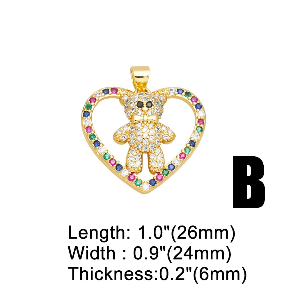 Ins Style Bear Heart Shape Copper Plating Inlay Zircon 18k Gold Plated Pendants Jewelry Accessories