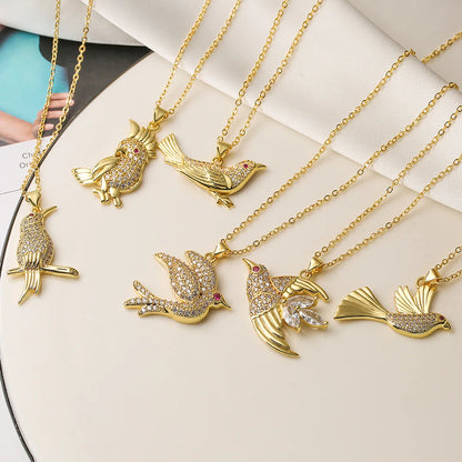 Ins Style Bird Copper Plating Inlay Zircon 18k Gold Plated Pendant Necklace