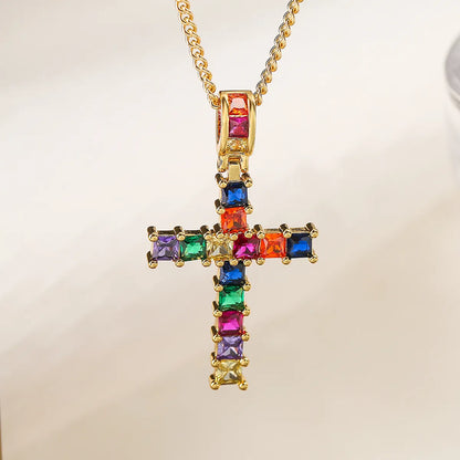 Ins Style Cross Copper Plating Inlay Zircon 18k Gold Plated Pendant Necklace