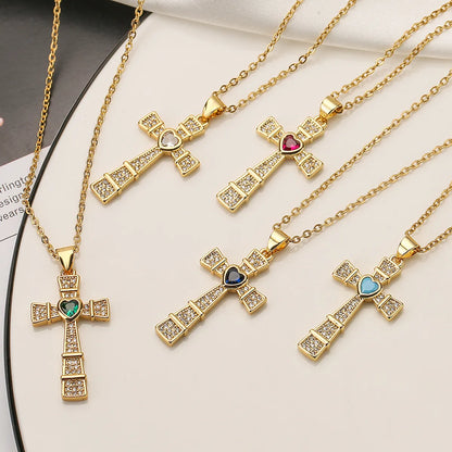 Ins Style Cross Copper Plating Inlay Zircon 18k Gold Plated Pendant Necklace