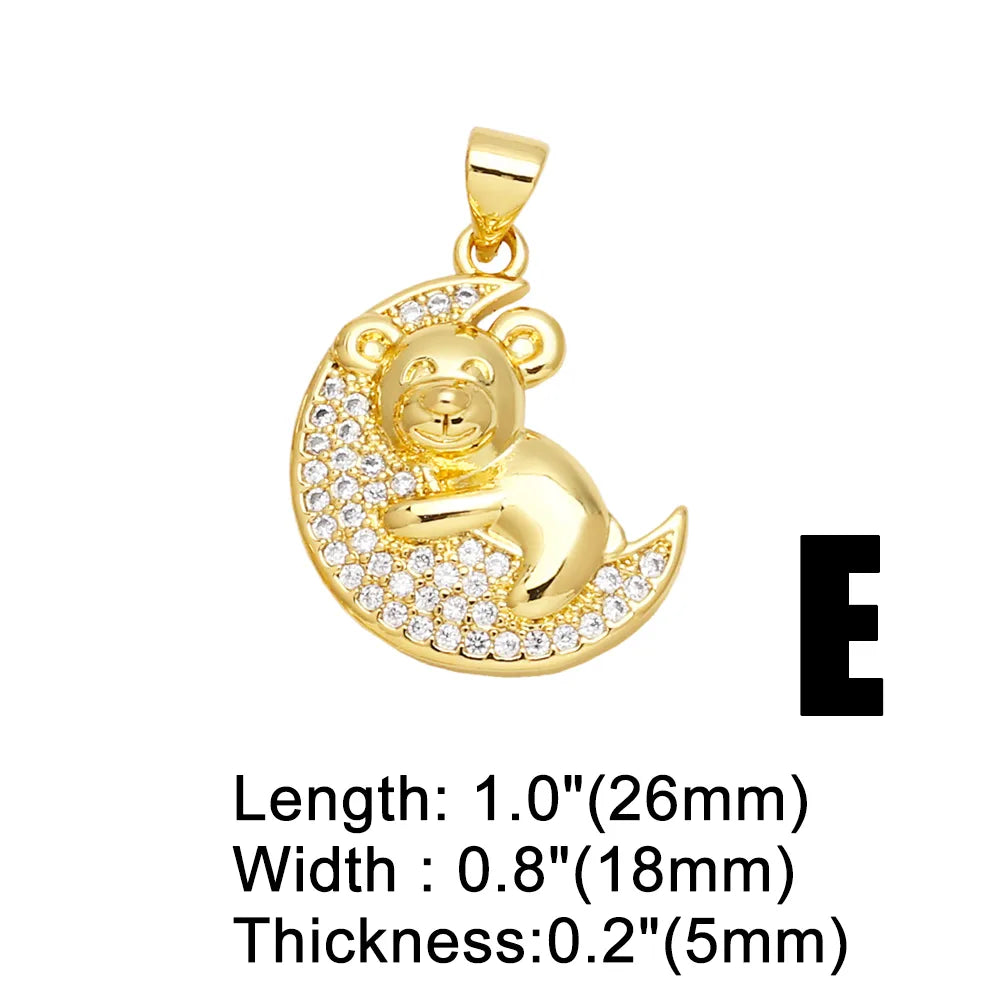 Ins Style Cute Moon Bear Heart Shape Copper Plating Inlay Zircon 18k Gold Plated Pendants Jewelry Accessories