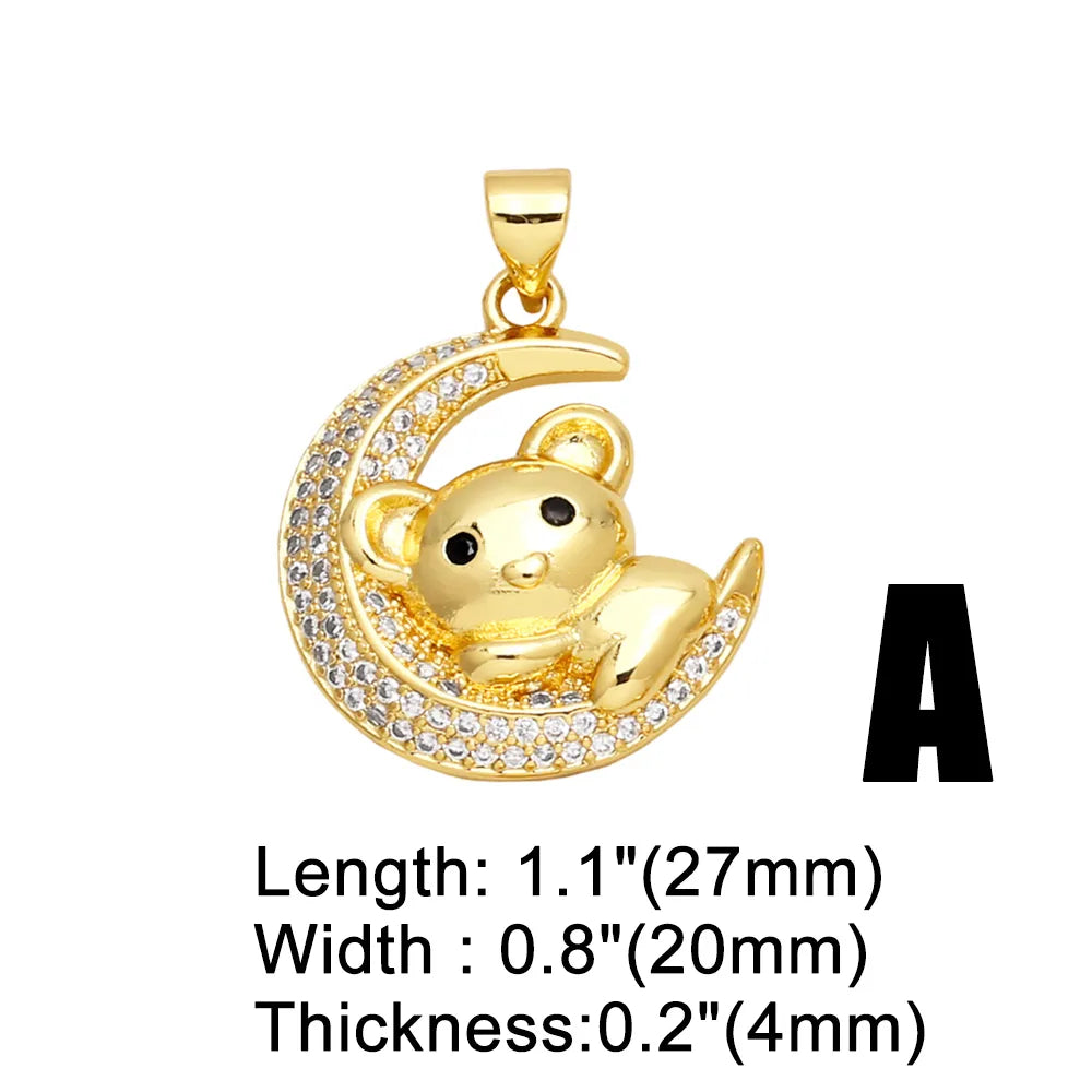 Ins Style Cute Moon Bear Heart Shape Copper Plating Inlay Zircon 18k Gold Plated Pendants Jewelry Accessories