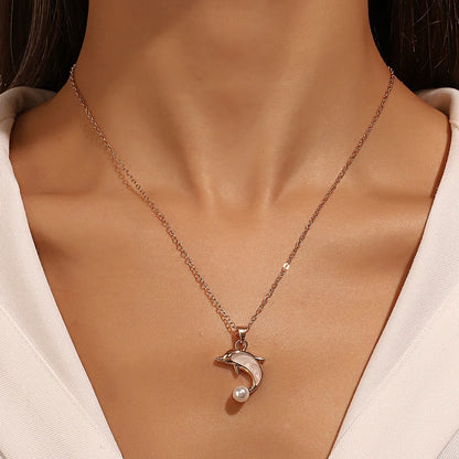 Ins Style Dolphin Alloy Inlay Pearl Women's Pendant Necklace