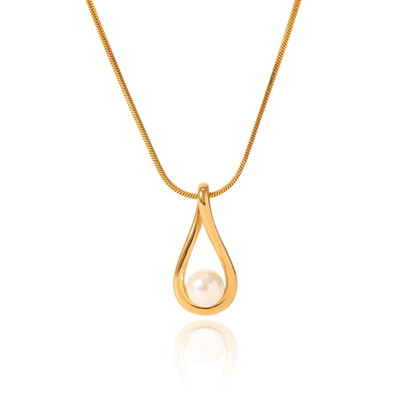 Ins Style Dropshaped Titanium Steel Pendant Necklace Inlaid With Pearls For Women