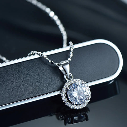 Ins Style Elegant Shiny Circle Sterling Silver Plating Inlay Zircon Rhodium Plated Pendant Necklace