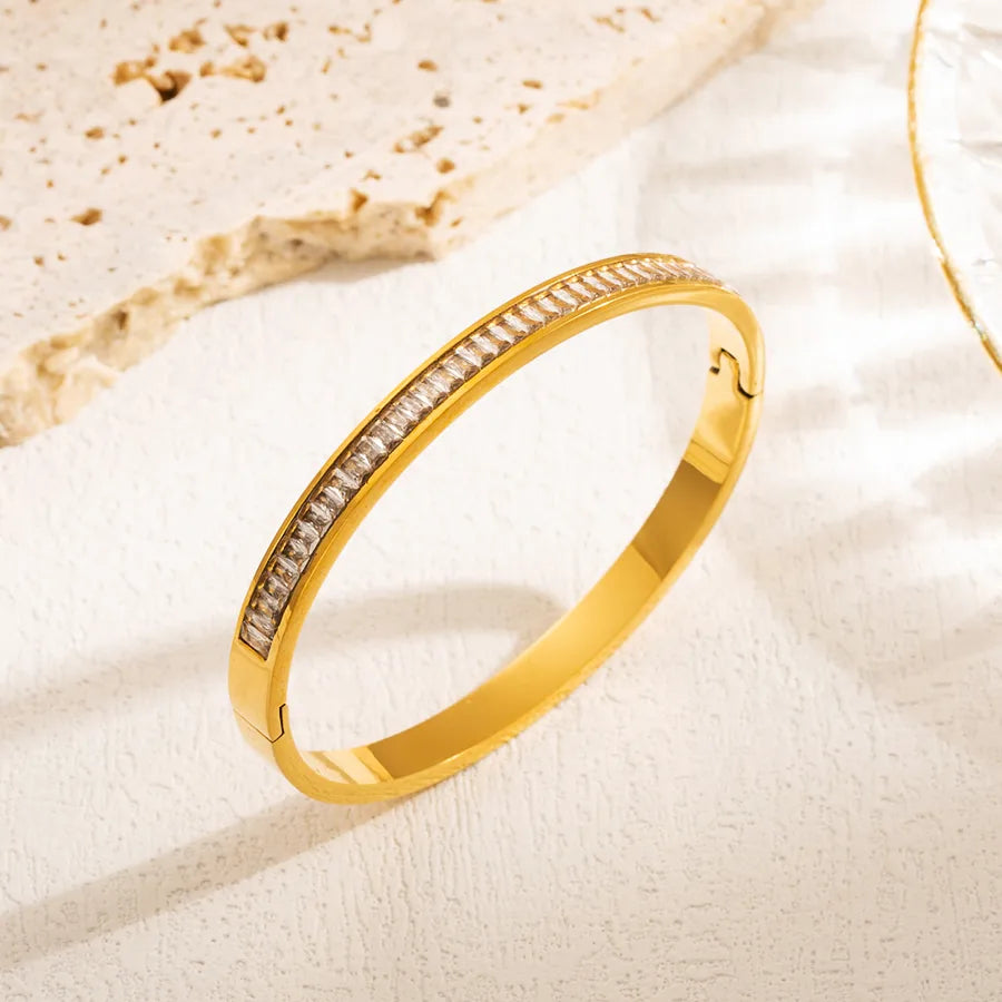 Ins Style Elegant Triangle Round Square Stainless Steel Plating Inlay Zircon 18k Gold Plated Bangle