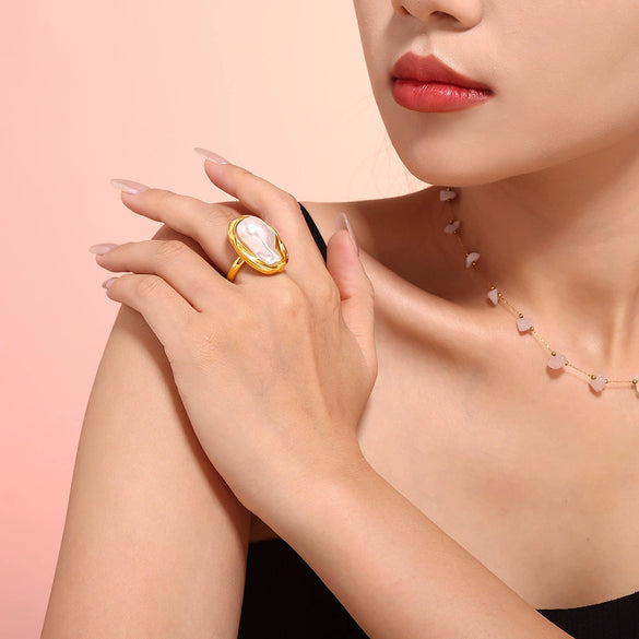 Ins Style Fashion Ring Shaped Imitation Pearl Titanium Steel Ring With Electroplating Treatment For Women