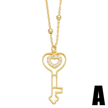 Ins Style Heart Shape Key Lock Copper Plating Inlay Zircon 18k Gold Plated Pendant Necklace