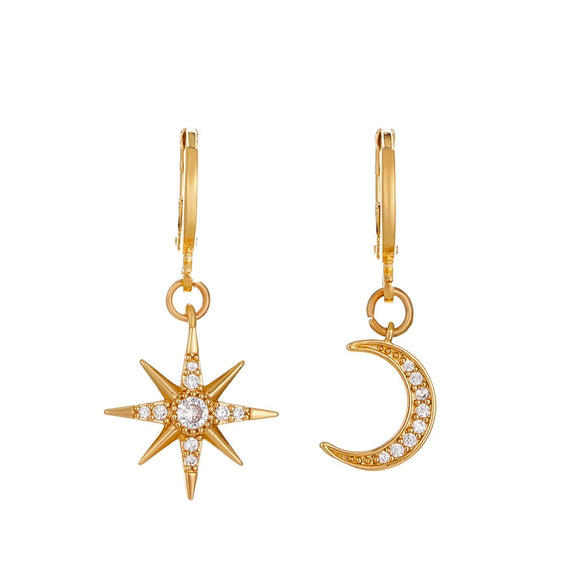 Ins Style Jewelry Set For Women With Sun Moon And Stars Pattern Copper With Set Diamonds And Rhinestones