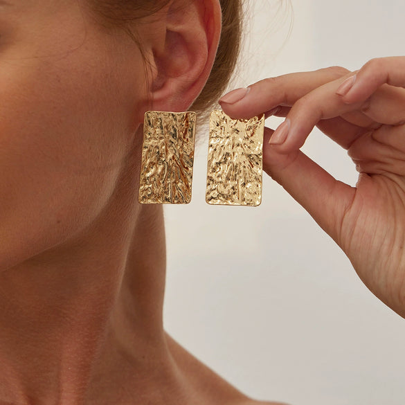 Ins Style Metal Leaf And Flower Pleated Earrings With Electroplating Design For Women