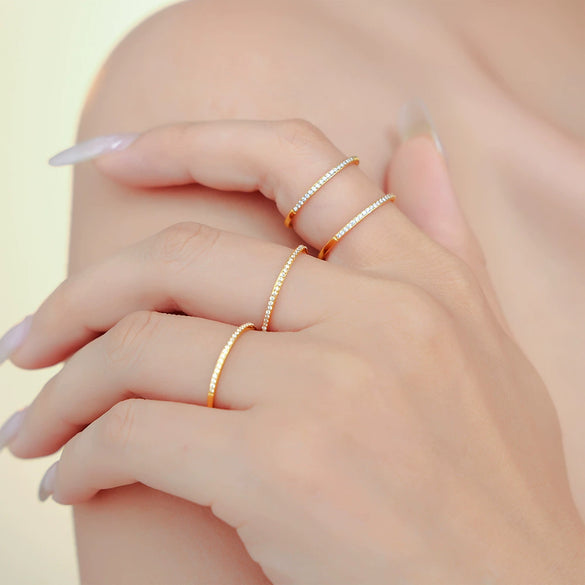Ins Style Micropaved Zircon Ultrafine Index Finger Ring Titanium Steel Pvd 18K Gold Plated Tail Ring