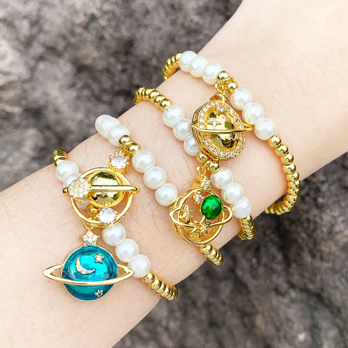 Original Design Starry Sky Moon Imitation Pearl Copper 18k Gold Plated Zircon Bracelets In Bulk