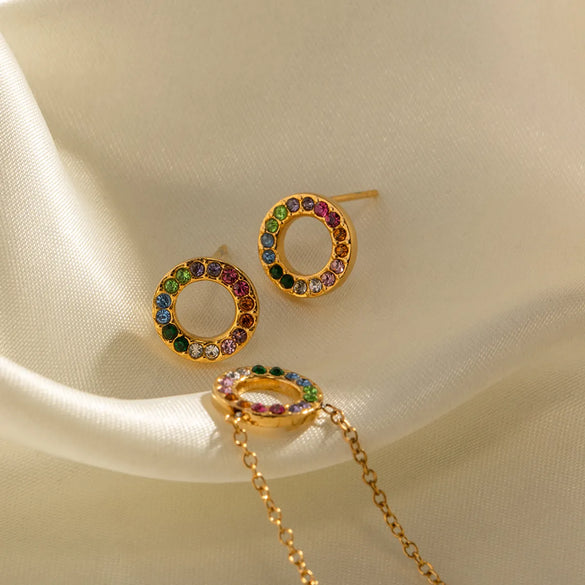 Wholesale Jewelry INS Style Retro Circle 304 Stainless Steel Zircon Inlay Earrings Necklace