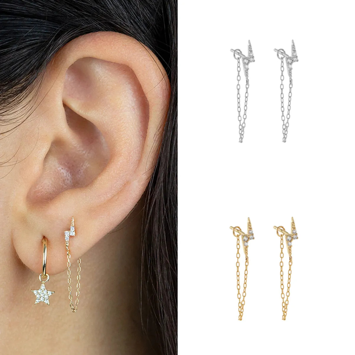 Ins Style Simple Style Cool Style Lightning Copper Plated With Real Gold Ear Studs Ear Chain Zircon Ear Studs 1 Pair