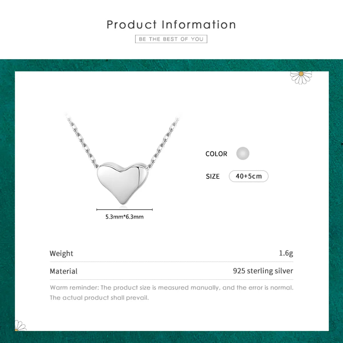 Ins Style Simple Style Heart Shape Sterling Silver Plating Rhodium Plated Necklace