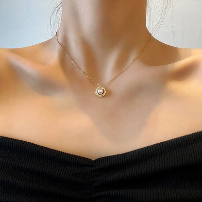 Simple Style Round Copper 18k Gold Plated Pearl Zircon Necklace In Bulk