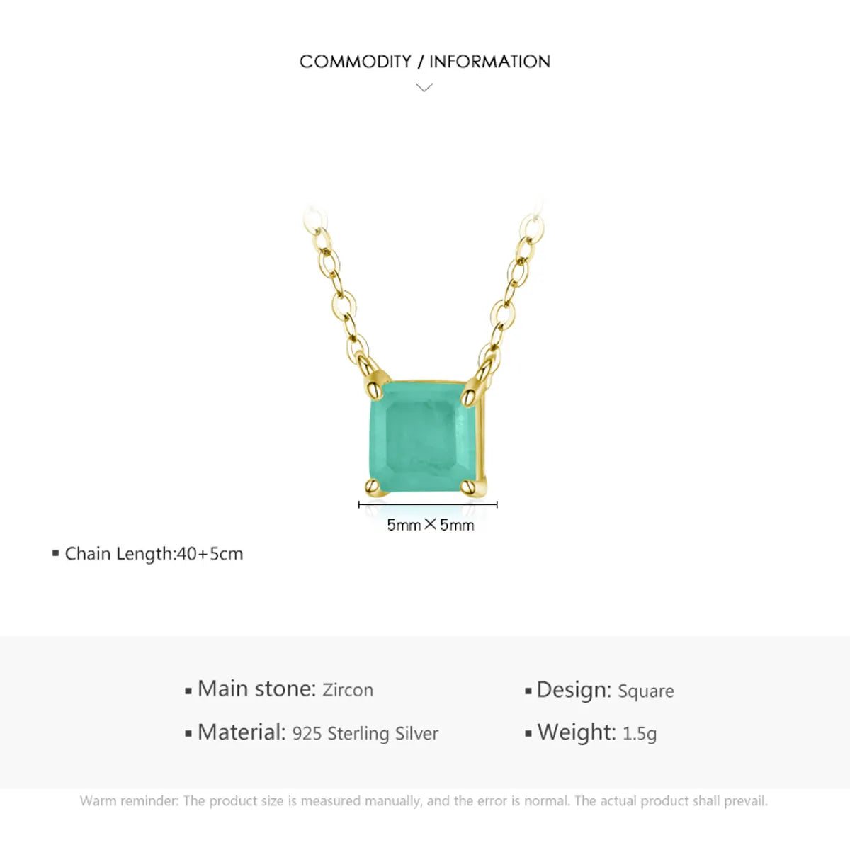 Ins Style Simple Style Square Sterling Silver Plating Inlay Gem 14k Gold Plated Rhodium Plated Necklace